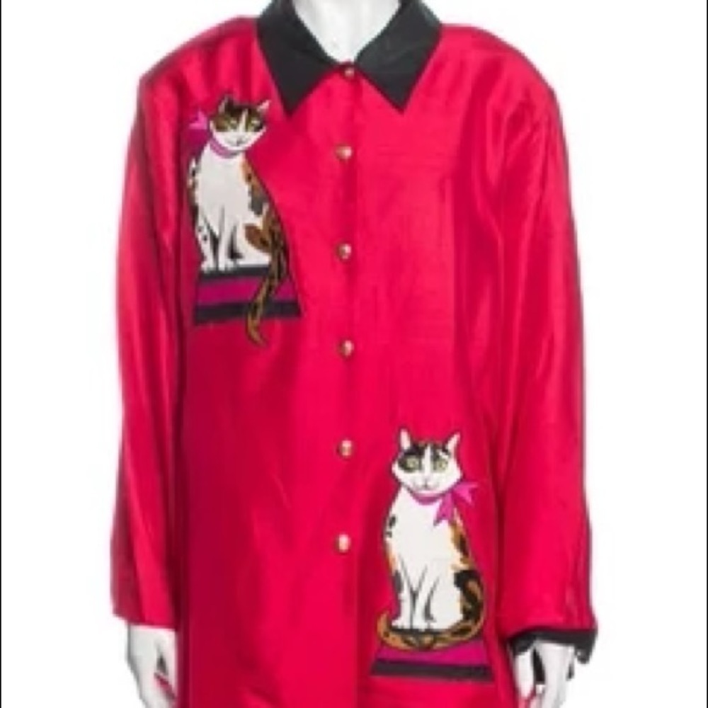 Vintage Bob Mackie silk pattern cat shirt jacket matching tank plus size 2X red - Picture 2 of 10